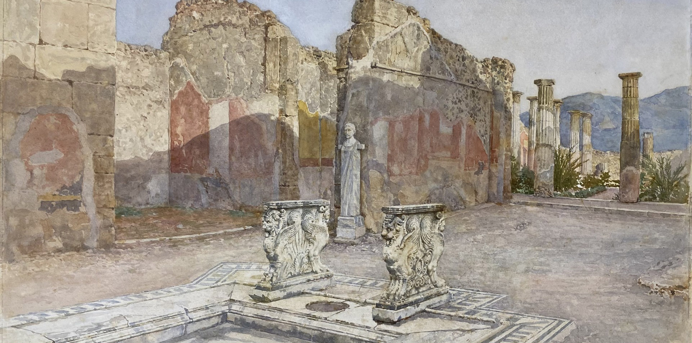 Acquerello di Luigi Bazzani che ritrae la Casa di Cornelio Rufo a Pompei. Anno 1913
