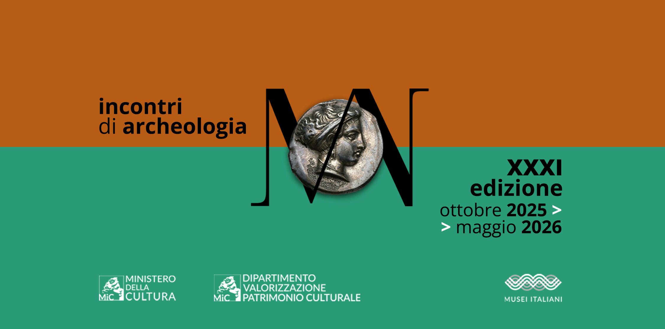 locandina incontri con immagine della moneta con volto di Partenope